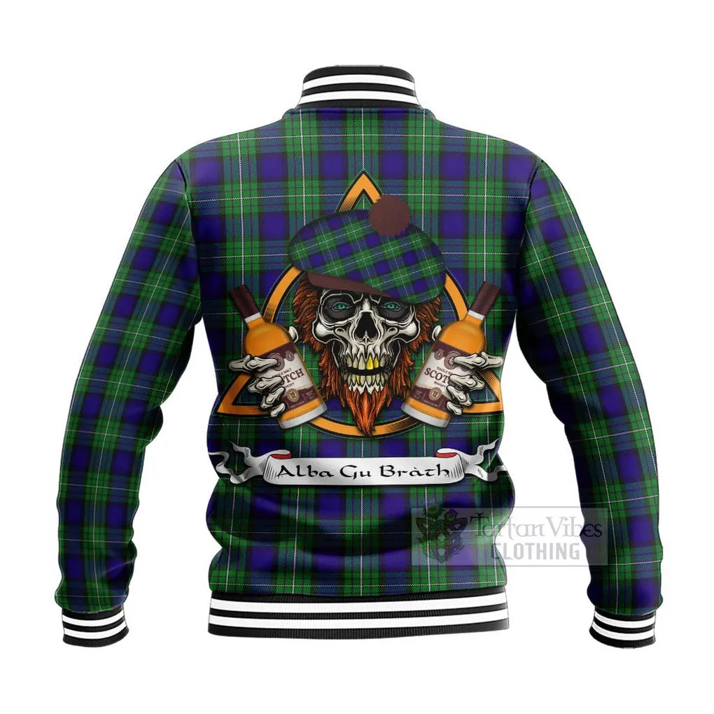 Alexander Tartan Baseball Jacket with Family Crest and Bearded Skull Holding Bottles of Whiskey