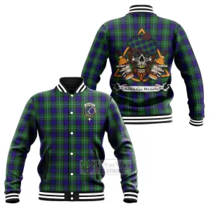 Alexander Tartan Baseball Jacket with Family Crest and Bearded Skull Holding Bottles of Whiskey