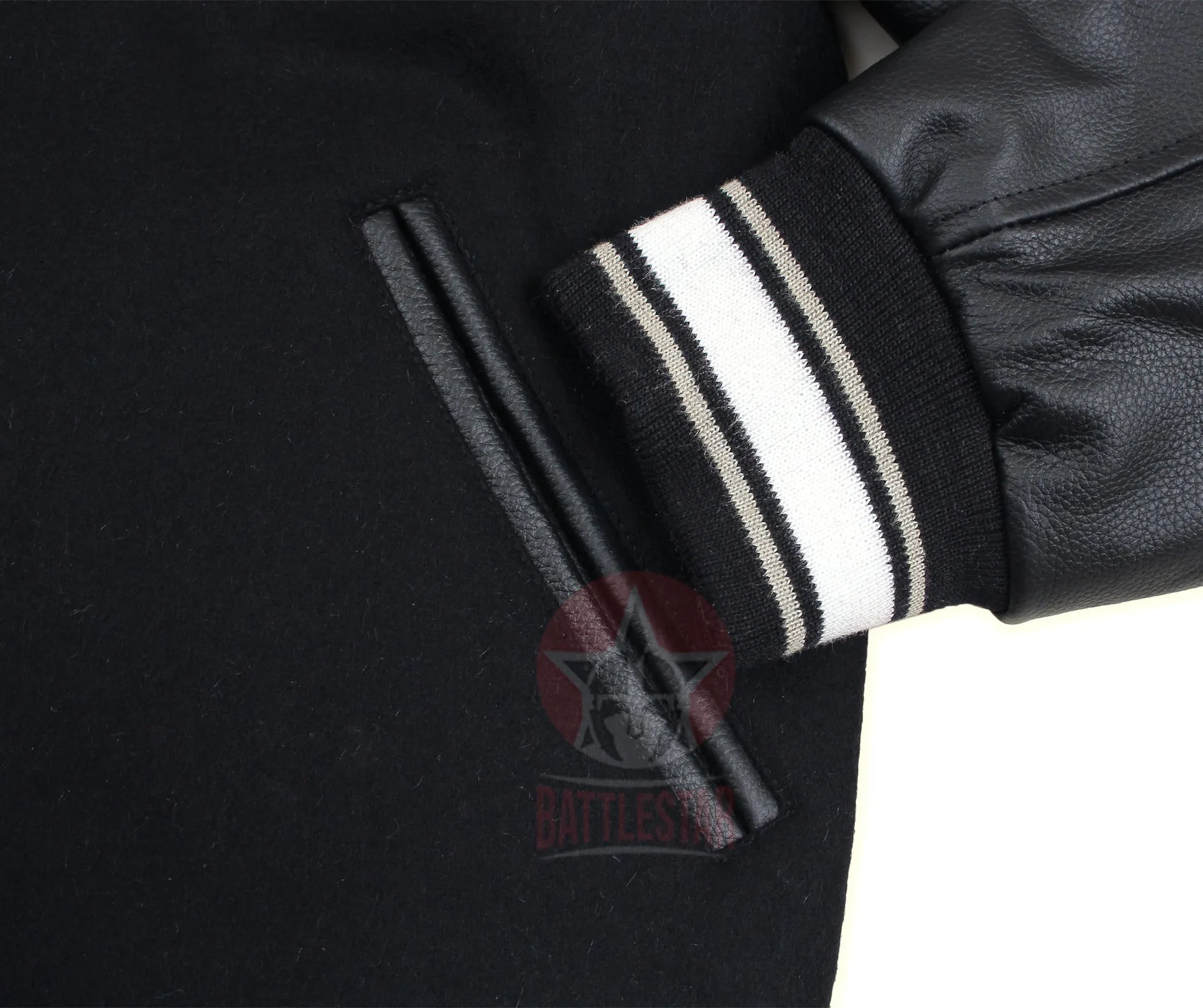 Black Wool Leather Sleeves White Rib Varsity Jacket