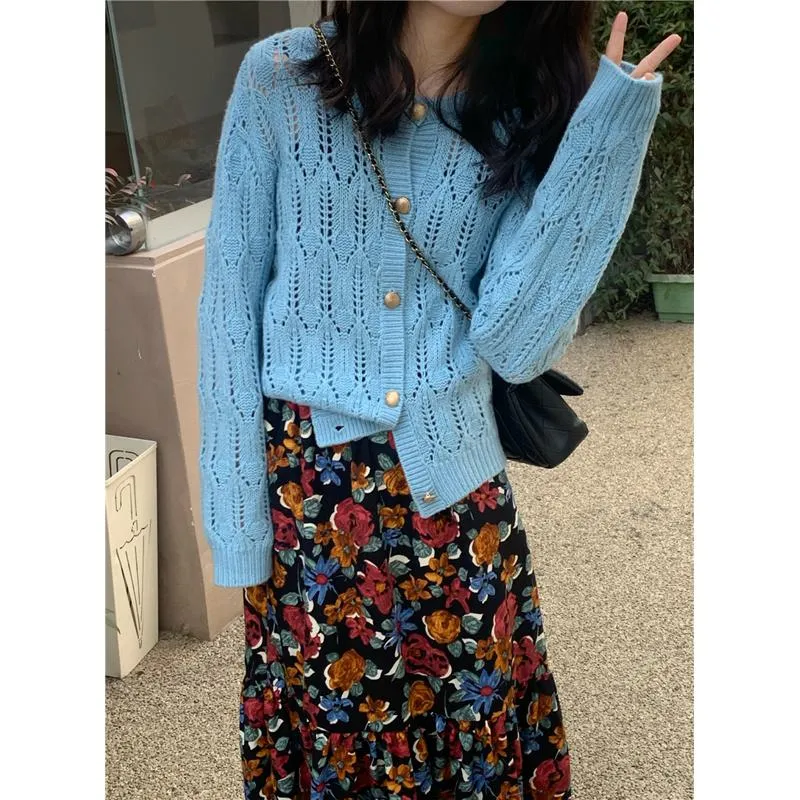 Buttoned Wool Round Neck Hollowed-Out Knitted Cardigan
