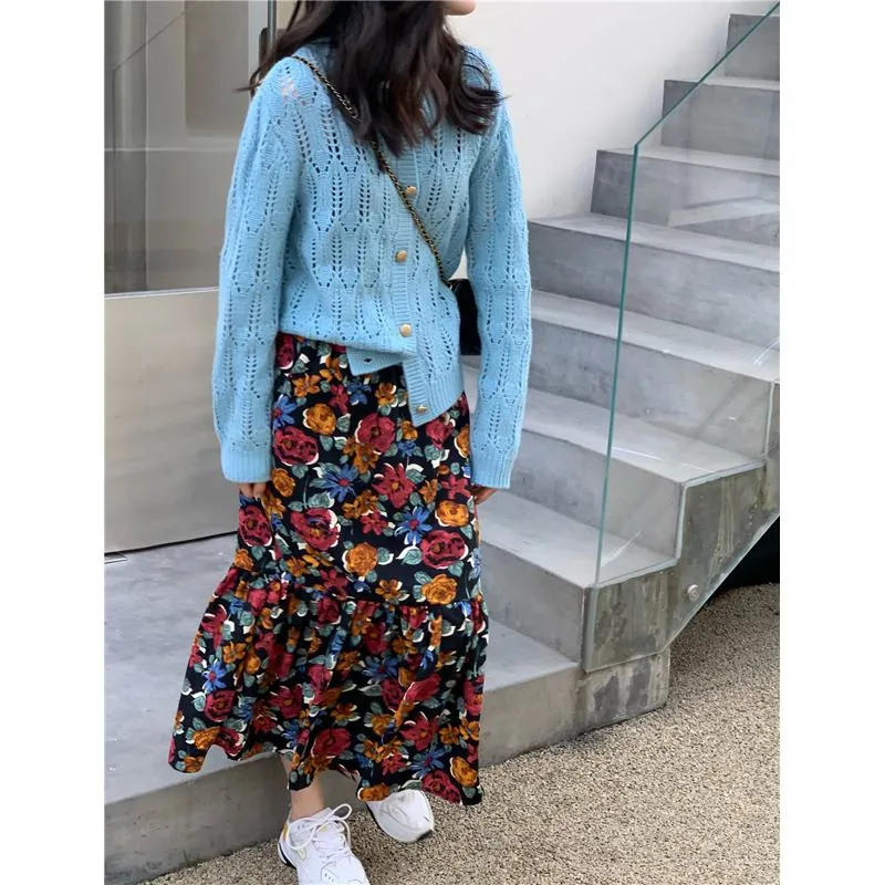 Buttoned Wool Round Neck Hollowed-Out Knitted Cardigan