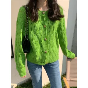Buttoned Wool Round Neck Hollowed-Out Knitted Cardigan
