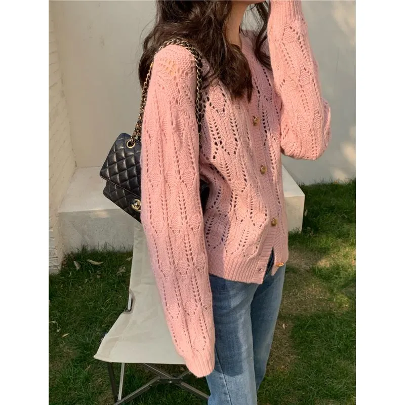 Buttoned Wool Round Neck Hollowed-Out Knitted Cardigan