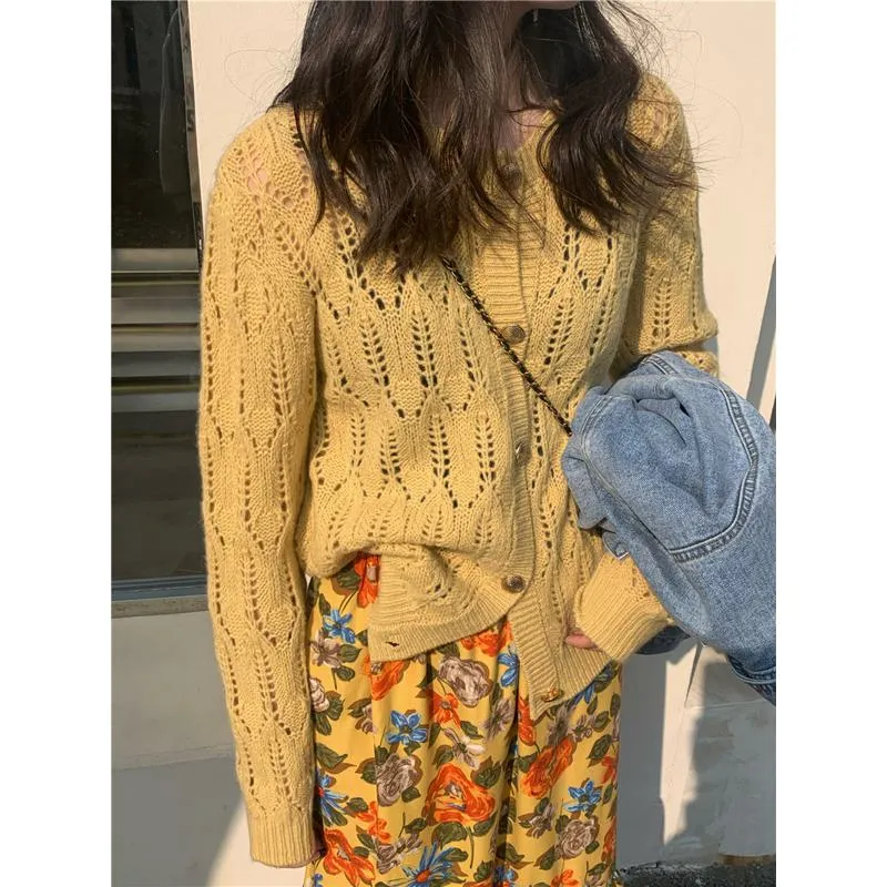 Buttoned Wool Round Neck Hollowed-Out Knitted Cardigan