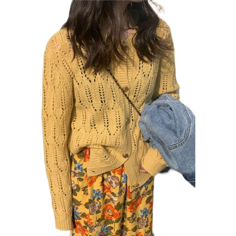 Buttoned Wool Round Neck Hollowed-Out Knitted Cardigan