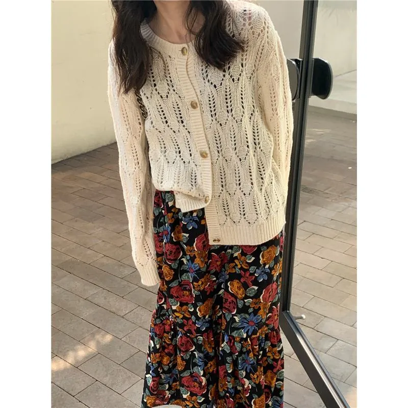 Buttoned Wool Round Neck Hollowed-Out Knitted Cardigan