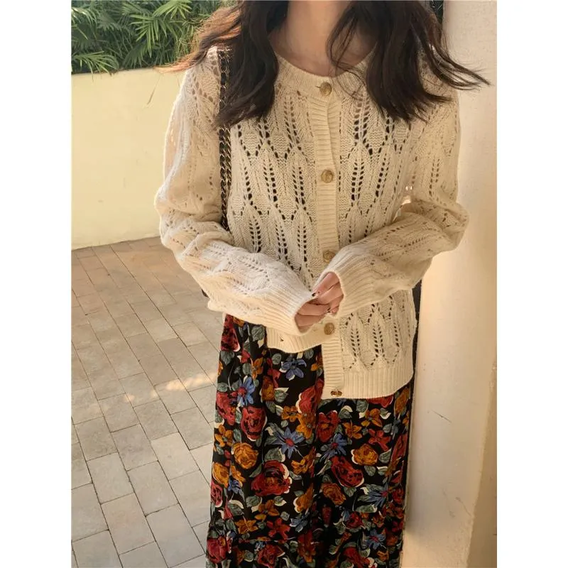 Buttoned Wool Round Neck Hollowed-Out Knitted Cardigan