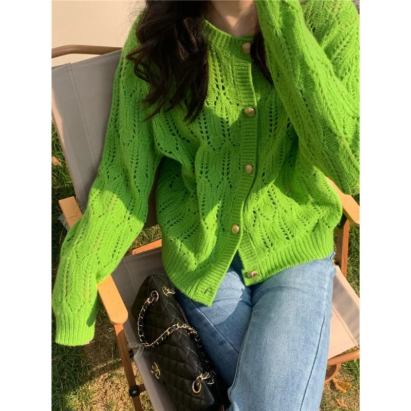 Buttoned Wool Round Neck Hollowed-Out Knitted Cardigan