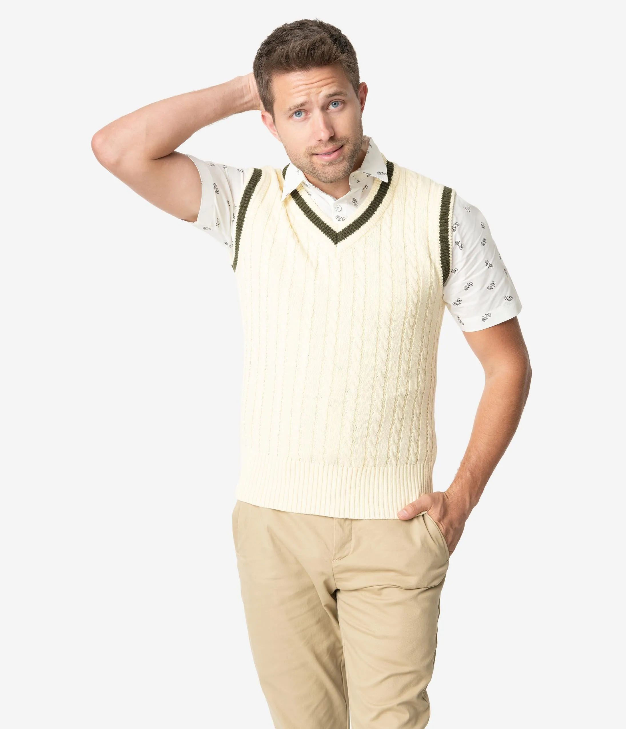Collectif 1950s Cream Cable Knit Alex Mens Sweater Vest