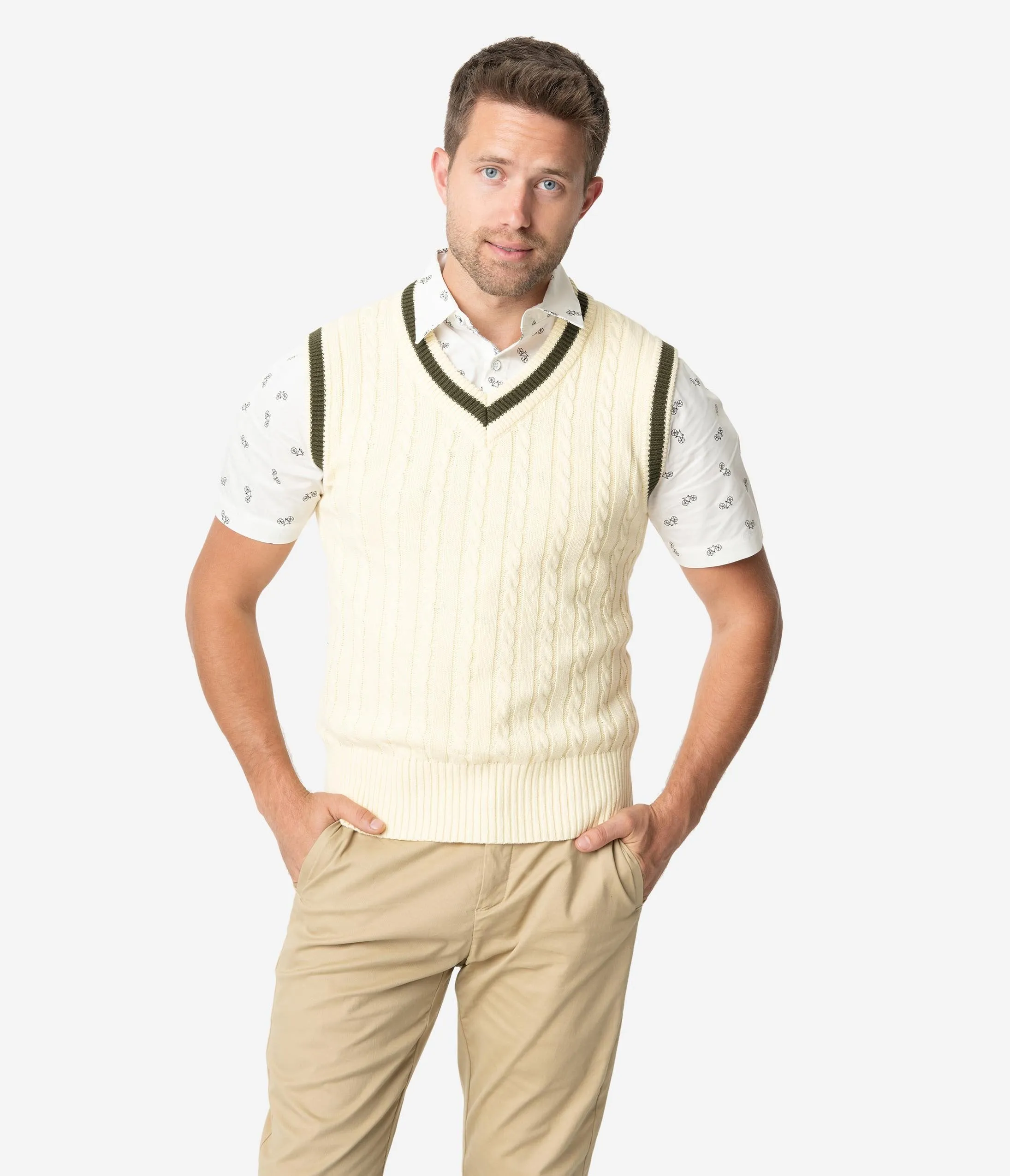 Collectif 1950s Cream Cable Knit Alex Mens Sweater Vest