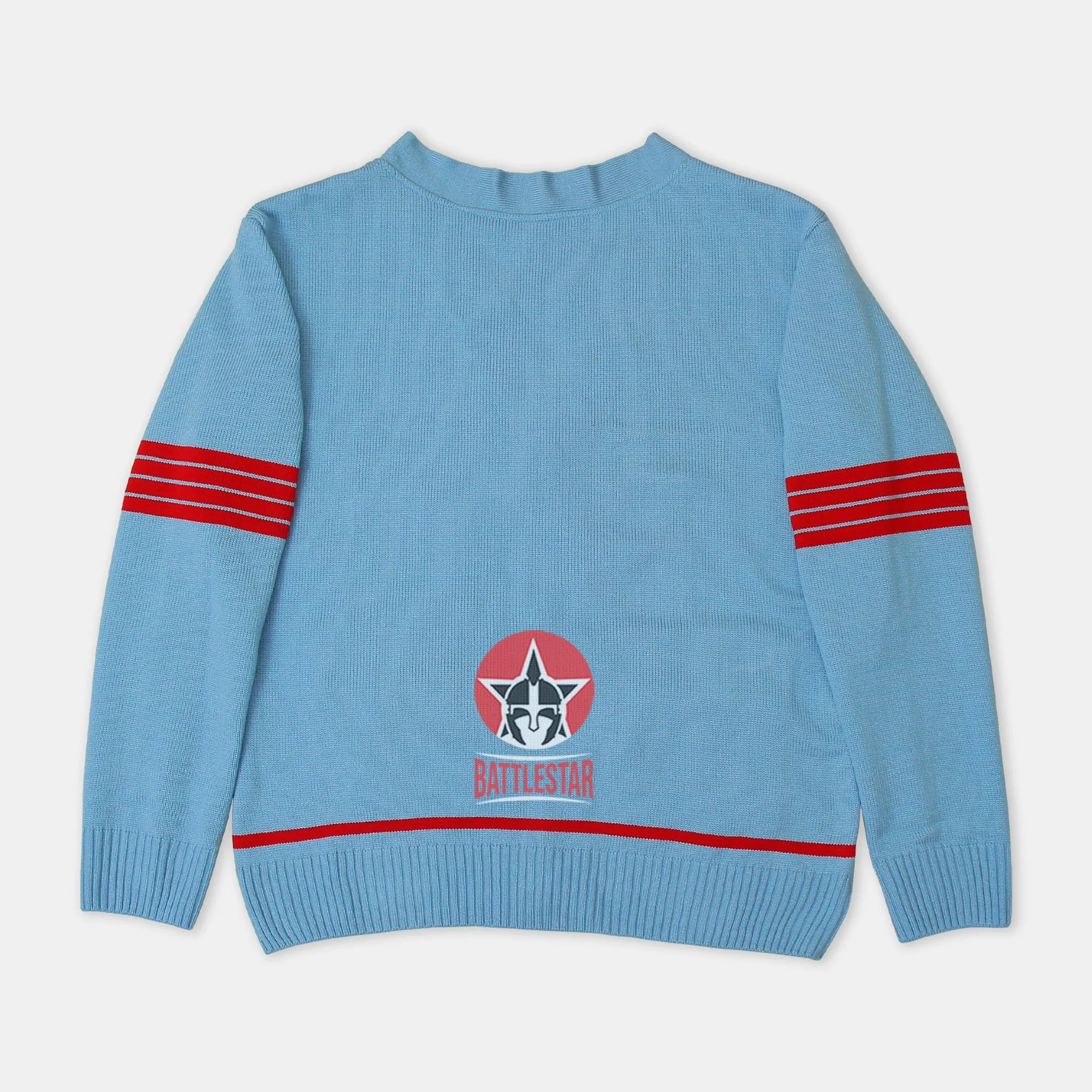 Handmade Unisex Jacquard Knitted Sky Blue & Red Cardigan School College Graduation Greek Sweater