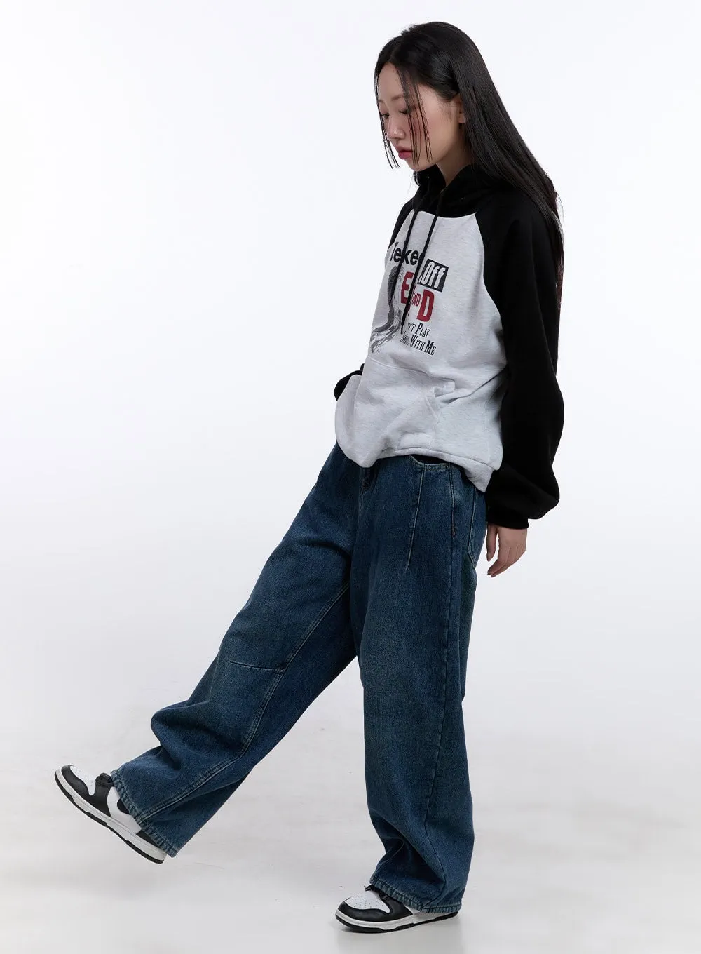 Jina Fleece-Lined Stitch Baggy Jeans CJ513