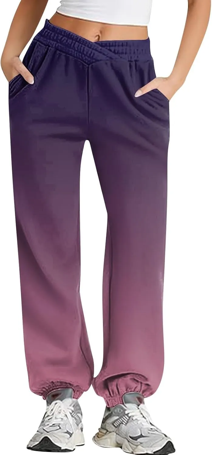 Jogger Sweatpants Women Trendy Tie Dye Athletic Fleece Lined Pants Crossover Low Waisted Sweatpants with Pockets