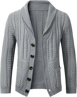Men's Cardigan Sweaters Cable Knit Sweater Shawl Collar Cardigan Plus Size Button Down Sweater Warm Winter Jacket