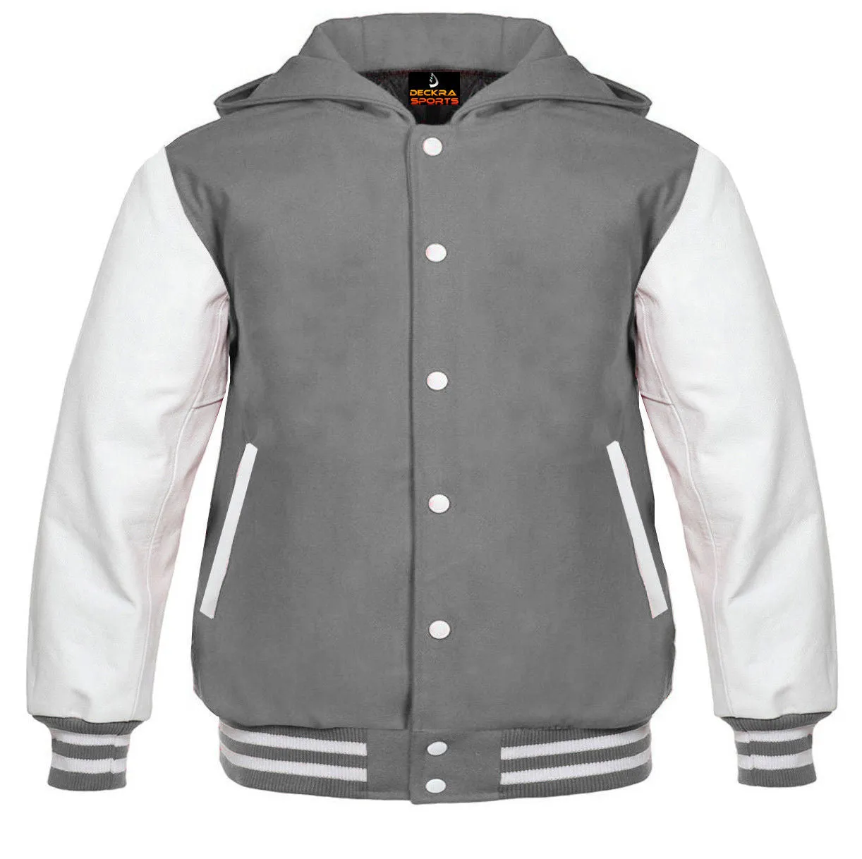 Mens Hoodie Wool Body  Genuine Leather Arm Sleeves Grey/White