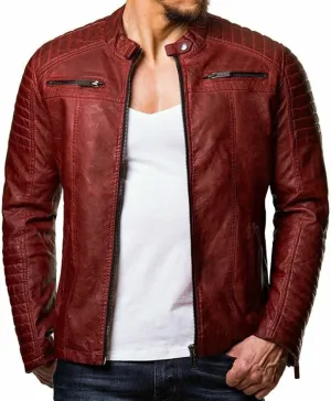Mens Motorcycle Jacket Casual Slim Fit PU Leather Banded Collar Zipper Jacket Winter Spring Stylish Biker Jacket Coat