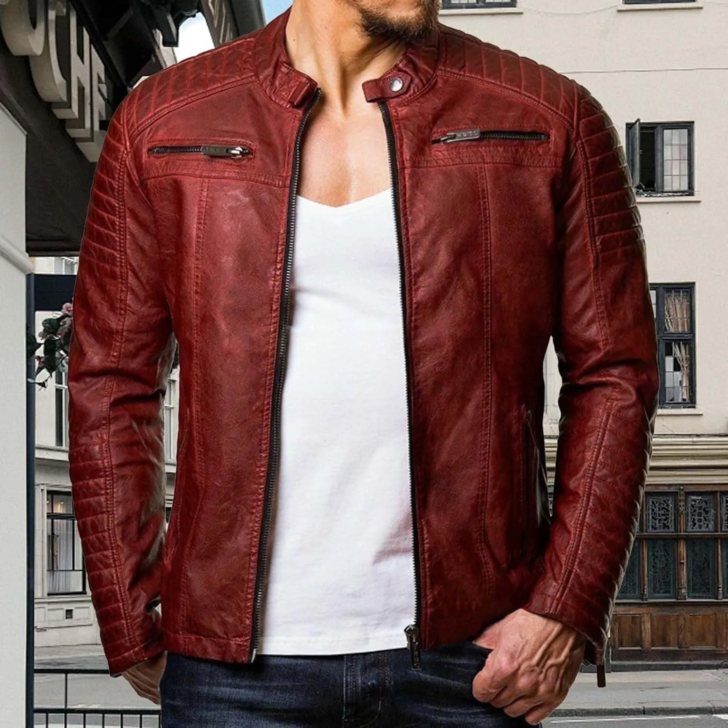 Mens Motorcycle Jacket Casual Slim Fit PU Leather Banded Collar Zipper Jacket Winter Spring Stylish Biker Jacket Coat
