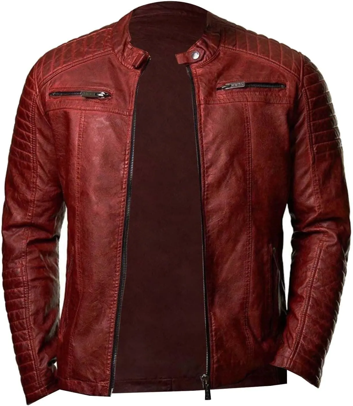 Mens Motorcycle Jacket Casual Slim Fit PU Leather Banded Collar Zipper Jacket Winter Spring Stylish Biker Jacket Coat