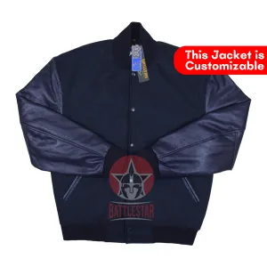 Navy Blue Wool & Leather Baseball Bomber Varsity Jacket
