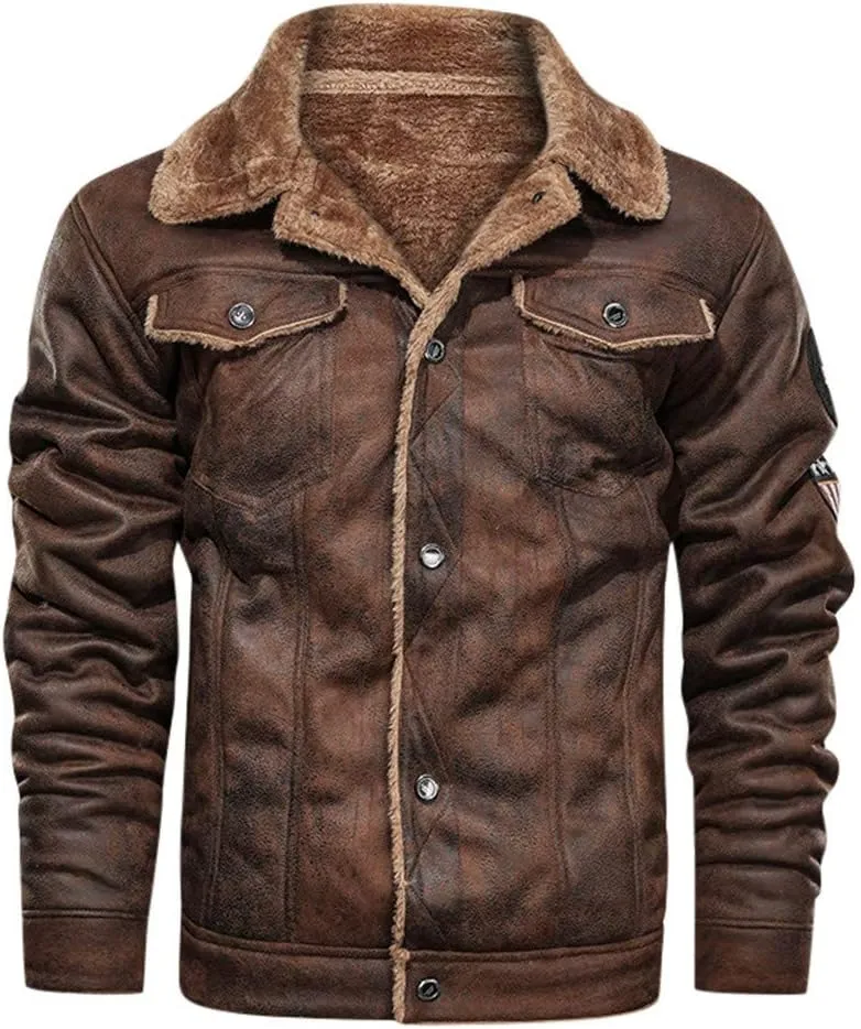 QWENTMTNTY Mens Shearling Suede Jacket Winter Warm Slim Fit Bomber Jackets Faux Fur Leather Warm Trucker Coat Outerwear