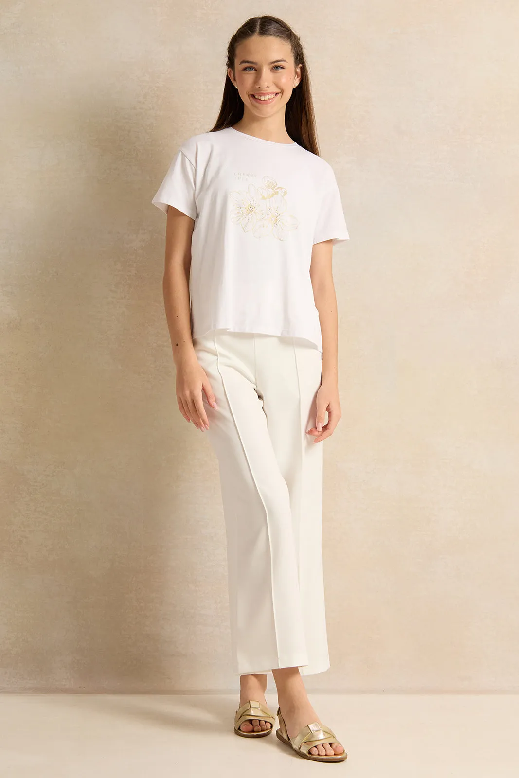 Senior Girls Cream Pants With Gold Buttons