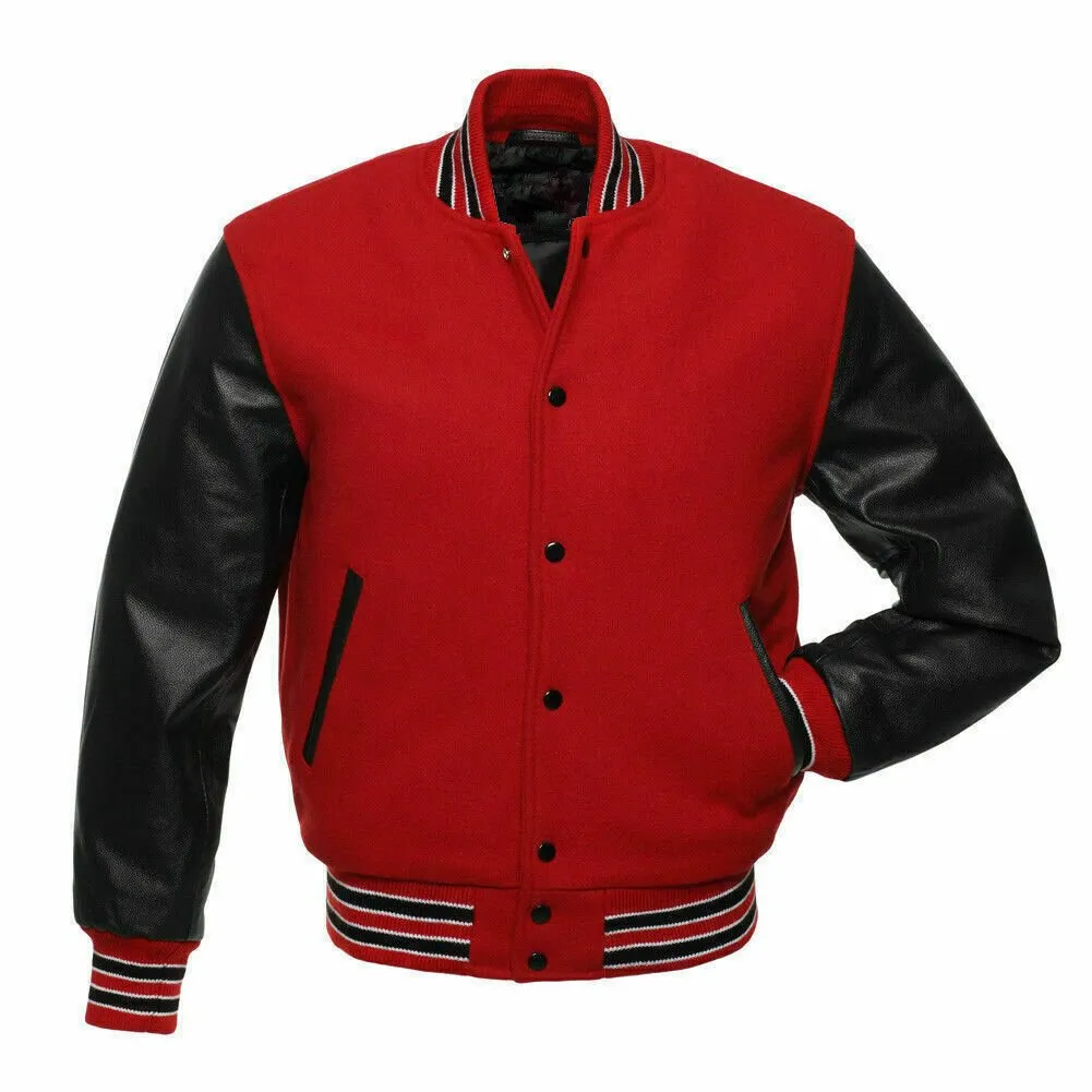 Varsity Letterman Baseball Jacket in Red Wool & Genuine Black Leather Sleeves