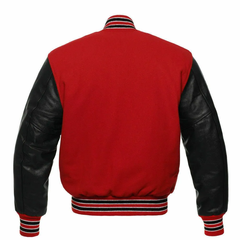 Varsity Letterman Baseball Jacket in Red Wool & Genuine Black Leather Sleeves
