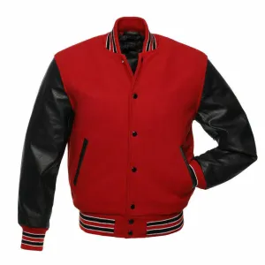Varsity Letterman Baseball Jacket in Red Wool & Genuine Black Leather Sleeves