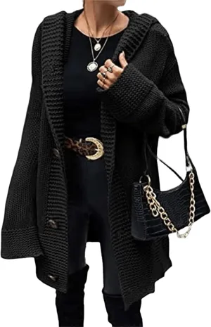 Wankang Women Hooded Open Front Cardigan Sweaters 2023 Fall Chunky Knit Ribbed Sweater Button Down Coats Long Hoodie Outwear