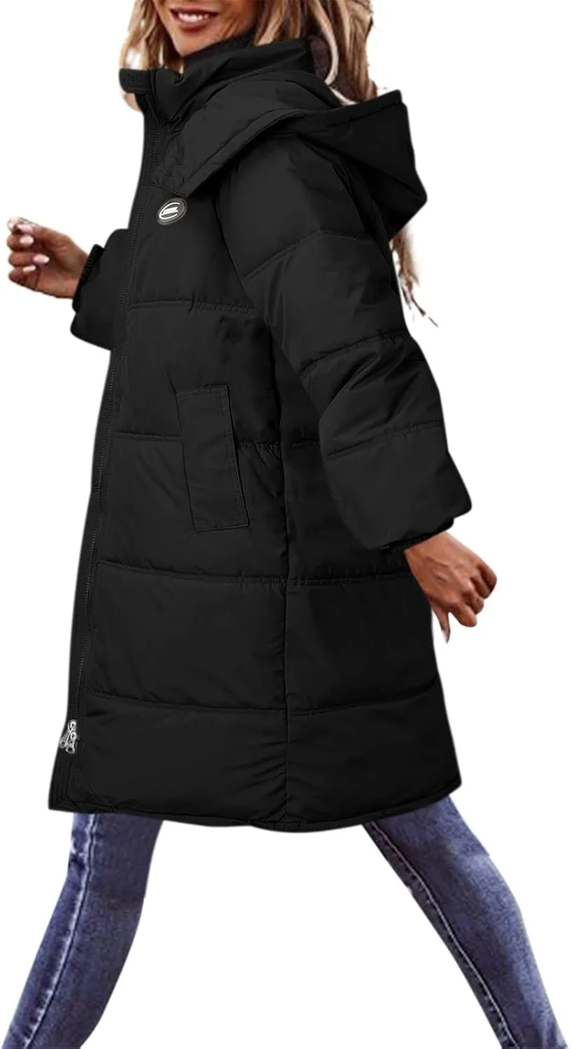 Womens 2024 Winter Warm Down Coat Oversized Comfy Long Sleeve Zip Puffer Jacket with Hood Outdoor Windproof Overcoat