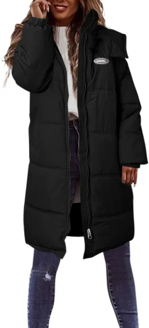 Womens 2024 Winter Warm Down Coat Oversized Comfy Long Sleeve Zip Puffer Jacket with Hood Outdoor Windproof Overcoat