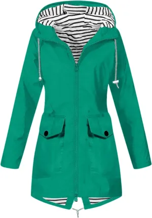 Womens Jackets Long Sleeve Mid-Length Full Zip Casual Hooded Jacket Waterproof Windproof Outdoor Coats with Pockets