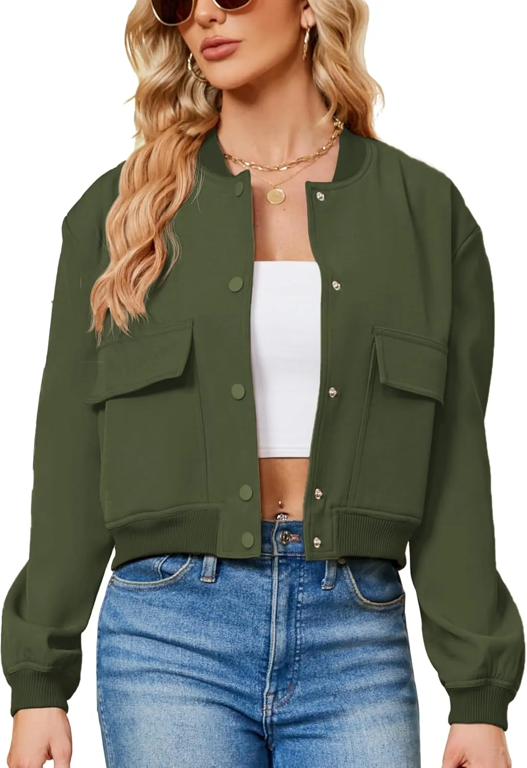 Zando Womens Bomber Jacket Button Down Short Cropped Jackets Long Sleeve Baseball Varsity Jacket Casual Jackets with Pockets
